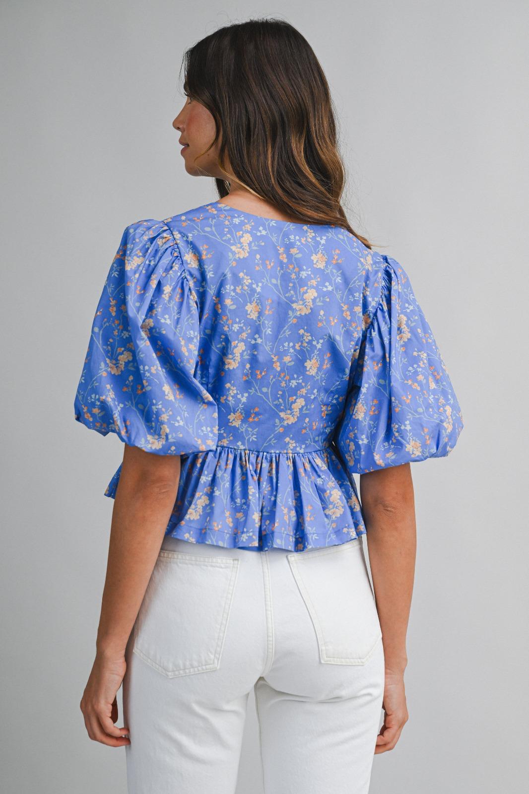 Blue Bloom Tie Front Peplum Top