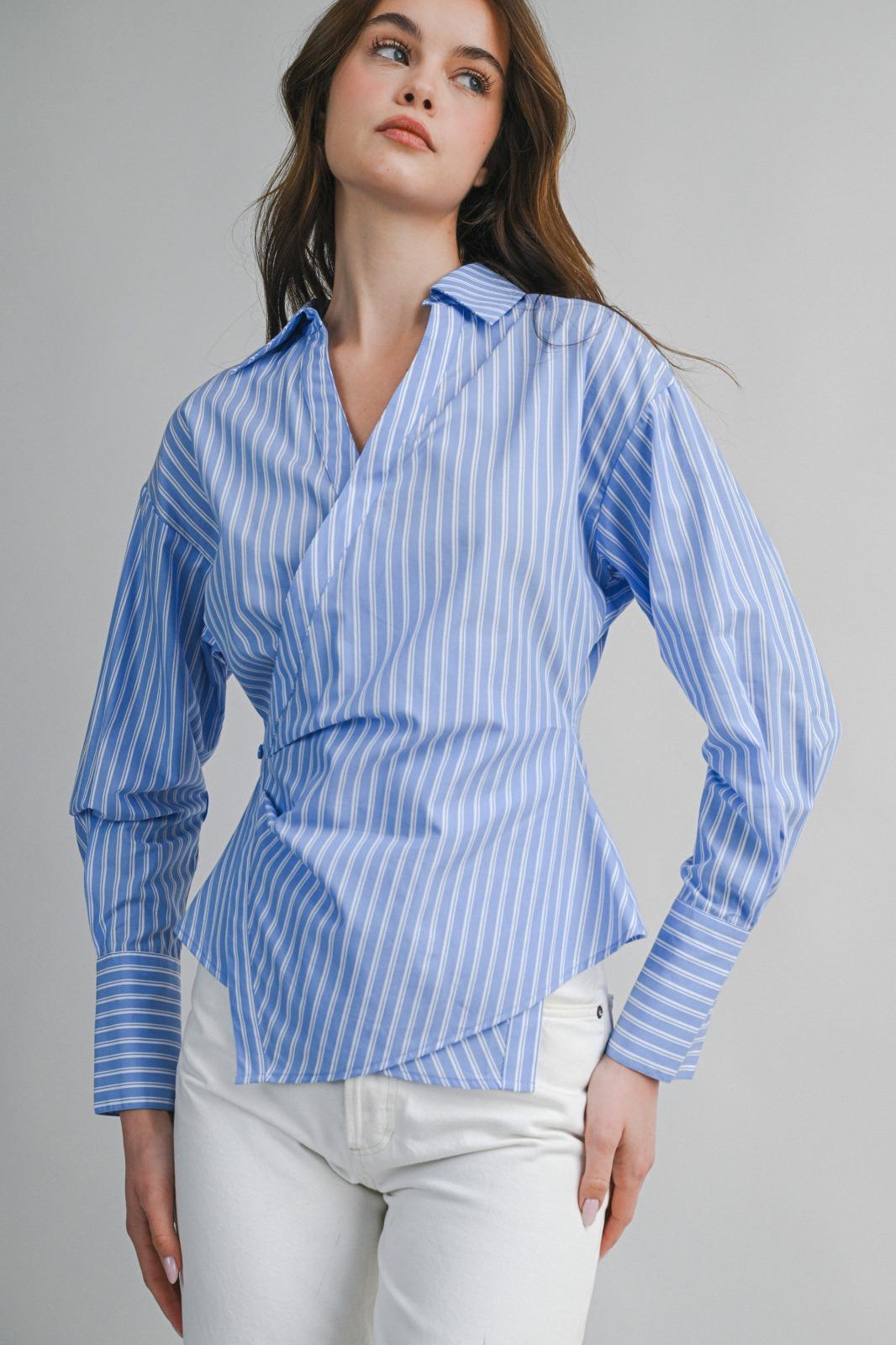Blue Stripe Asymmetric Wrap Blouse
