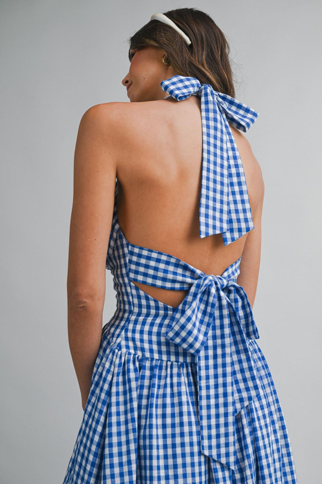 Blue Gingham Halter Midi