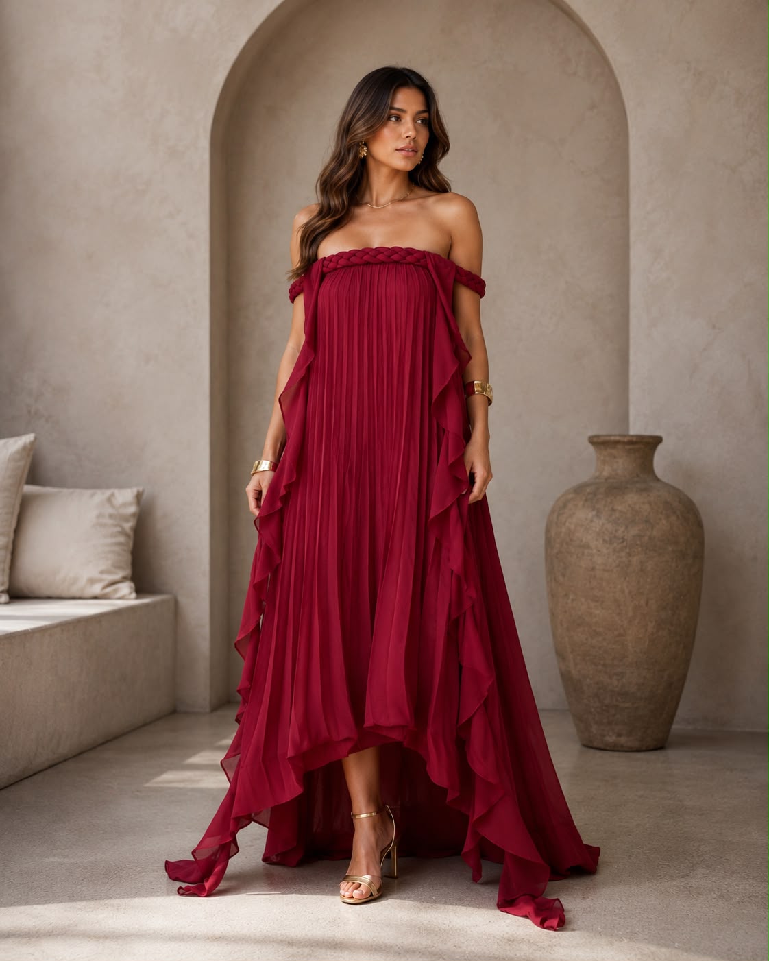 Wine Ruffle Cascade Dress
