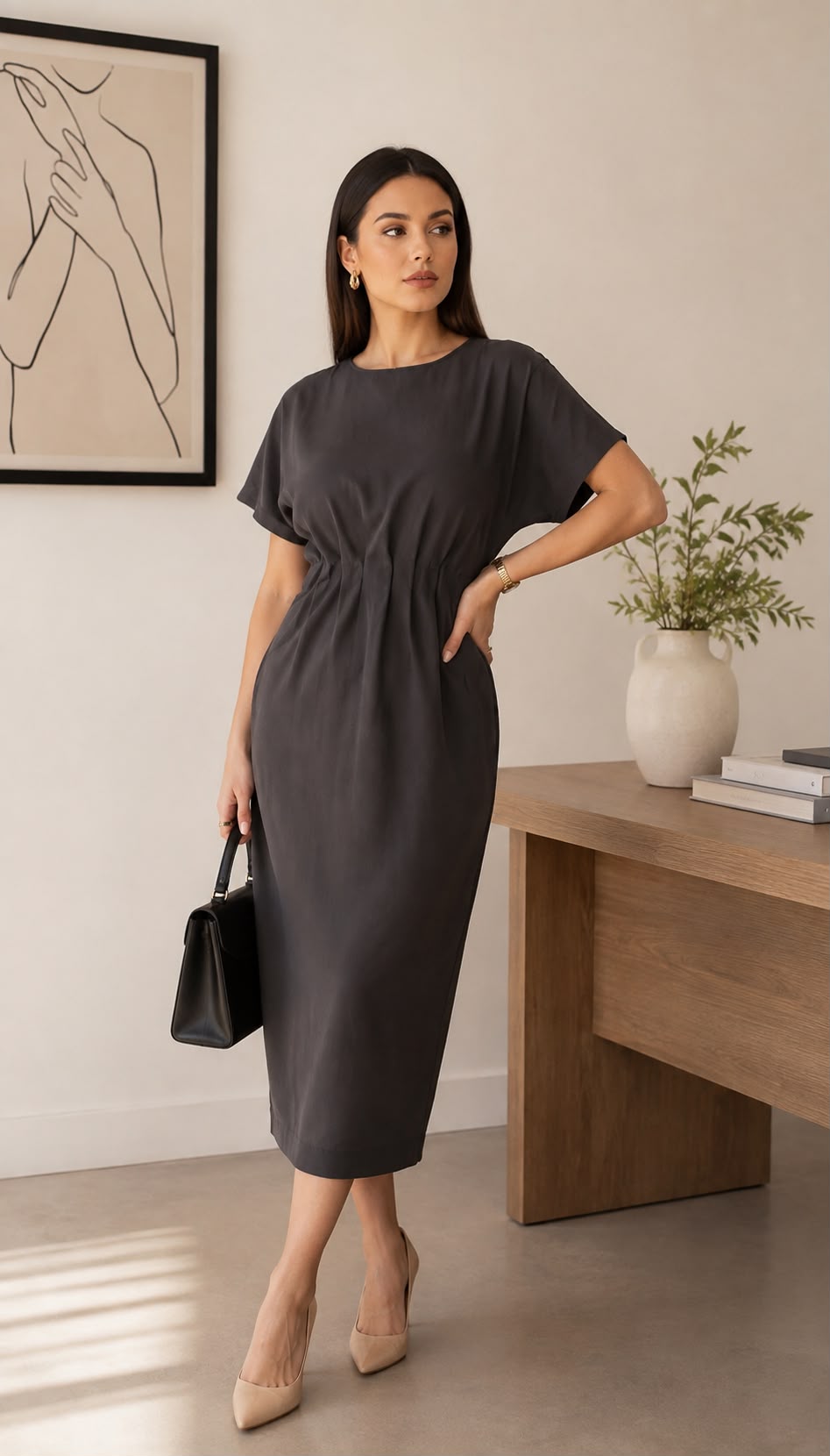 Charcoal Kimono Sleeve Midi Dress