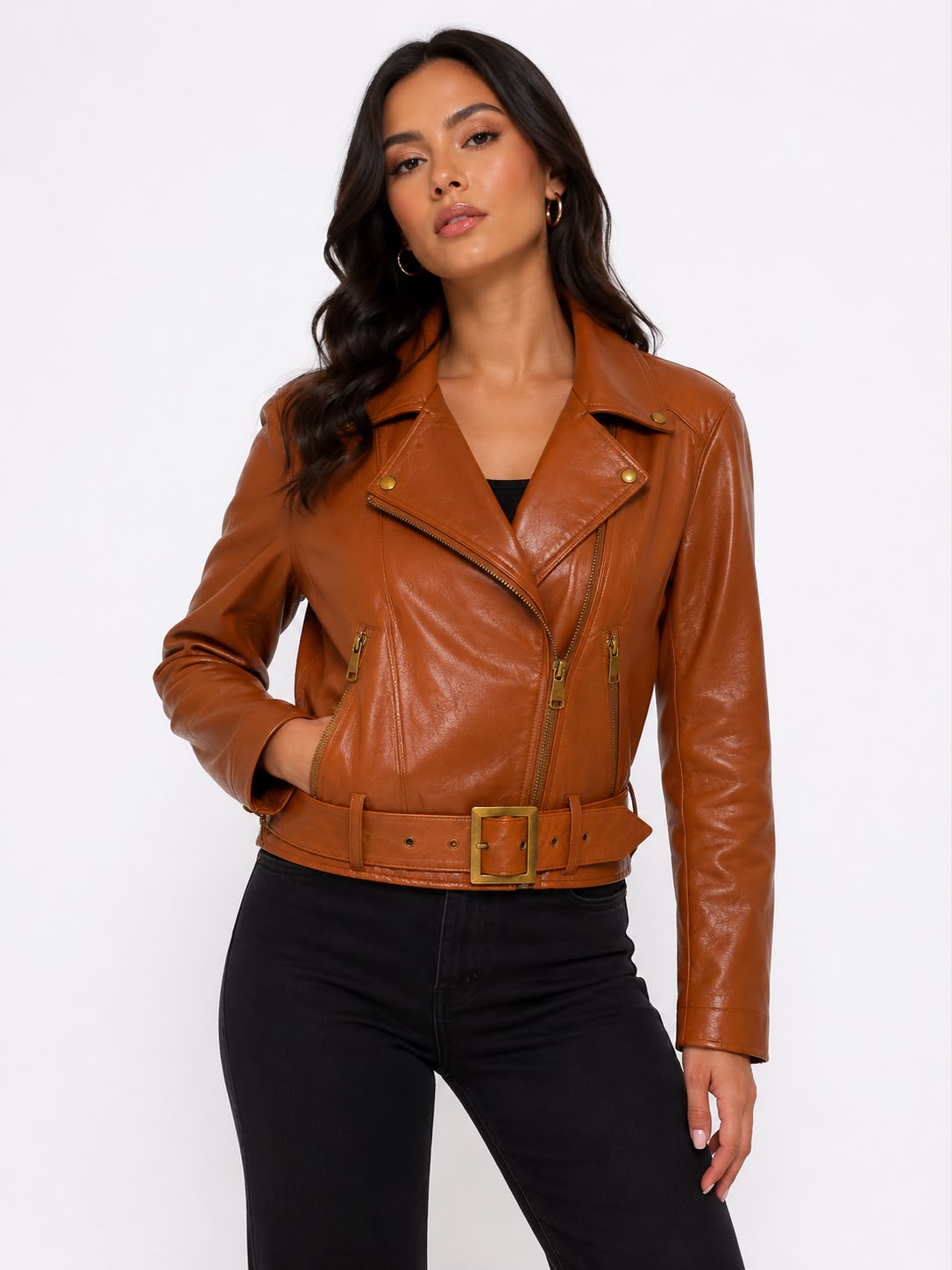 Cognac Leather Moto Jacket