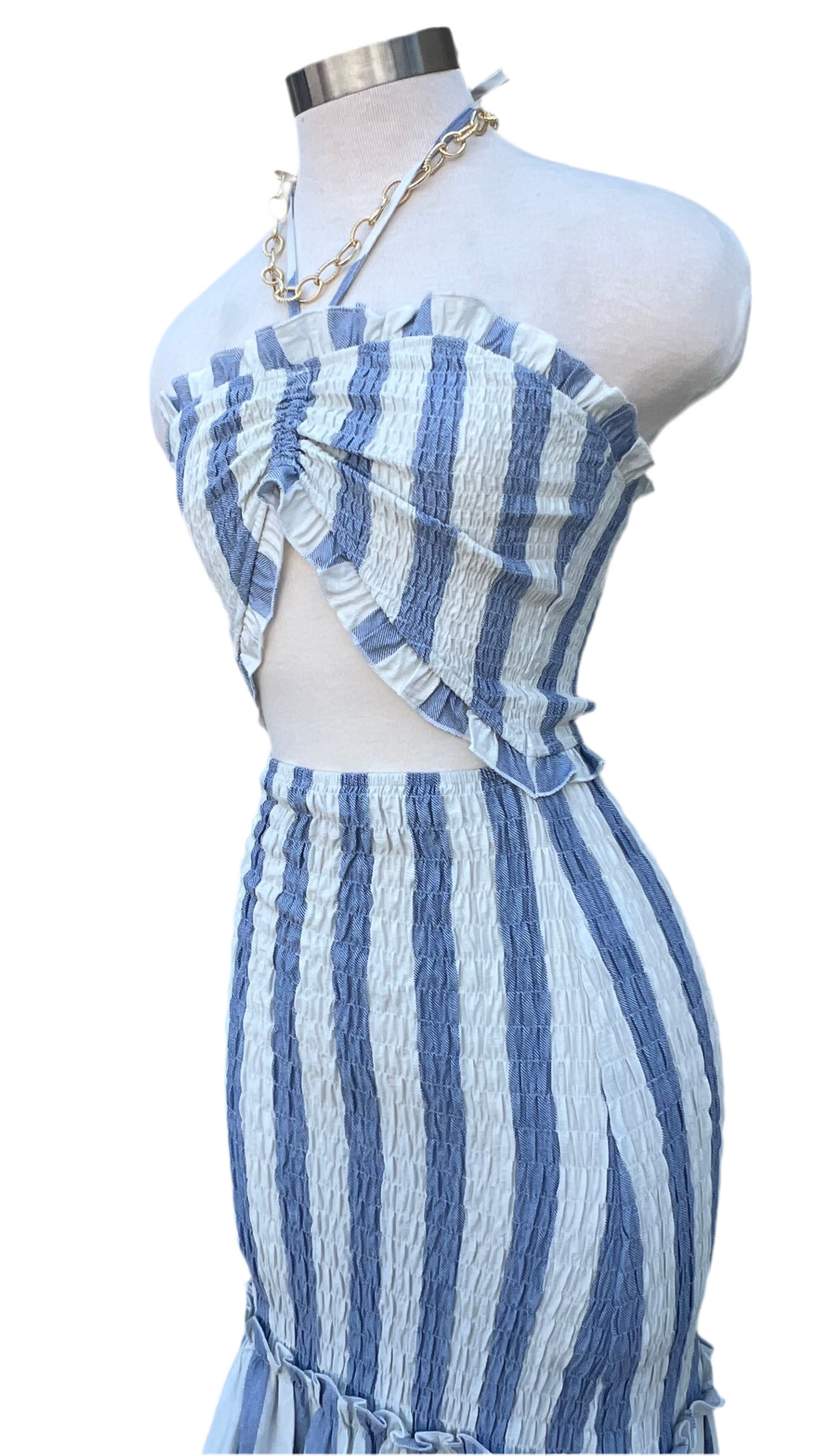 Blue and white lines stretch dress