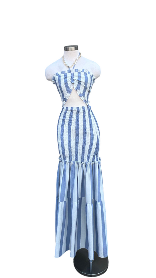 Blue and white lines stretch dress