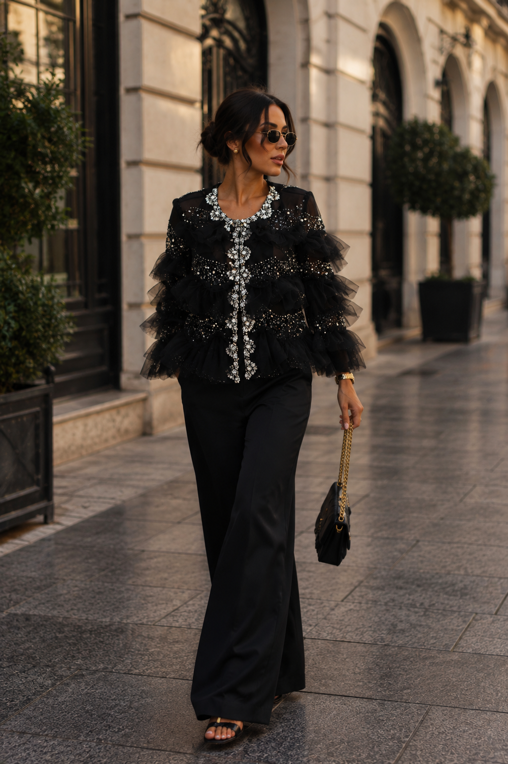 * Crystal-Embellished black Tulle Jacket