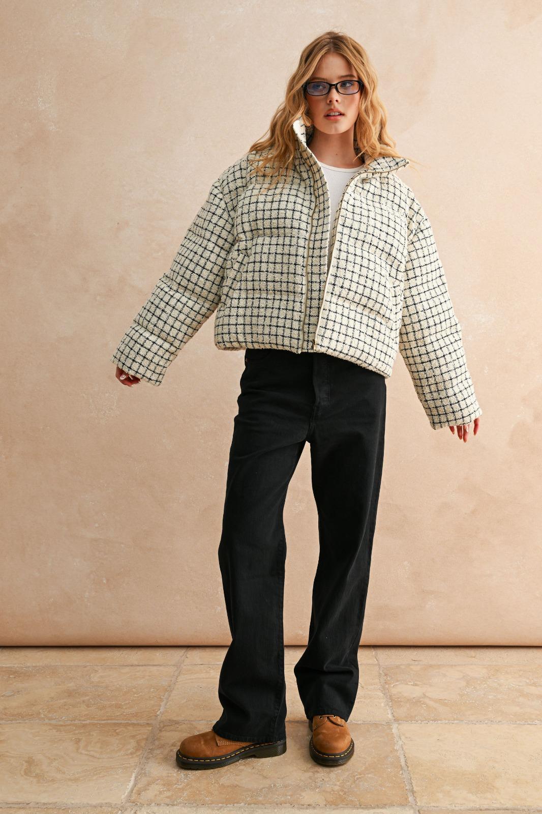 Checkered Cream Puffer Jacket