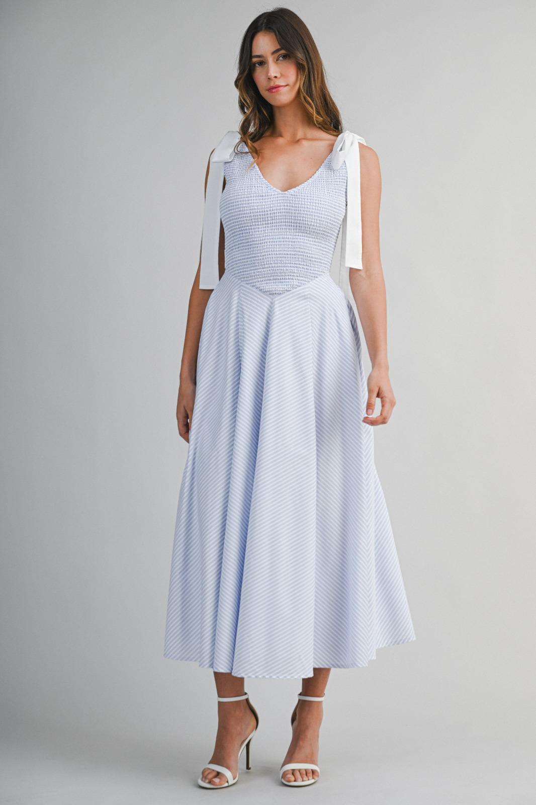 Blue Stripe Bow Shoulder Garden Dress