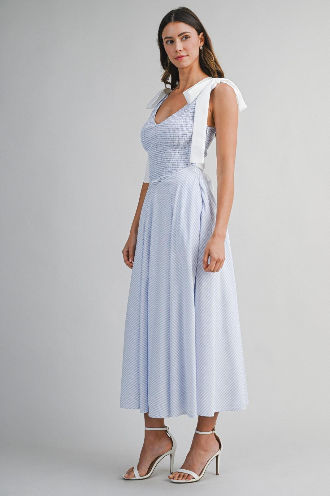 Blue Stripe Bow Shoulder Garden Dress