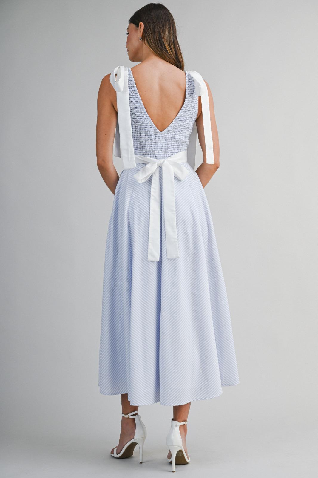 Blue Stripe Bow Shoulder Garden Dress