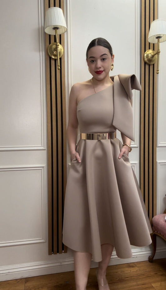 The Greige Bow One Shoulder Midi