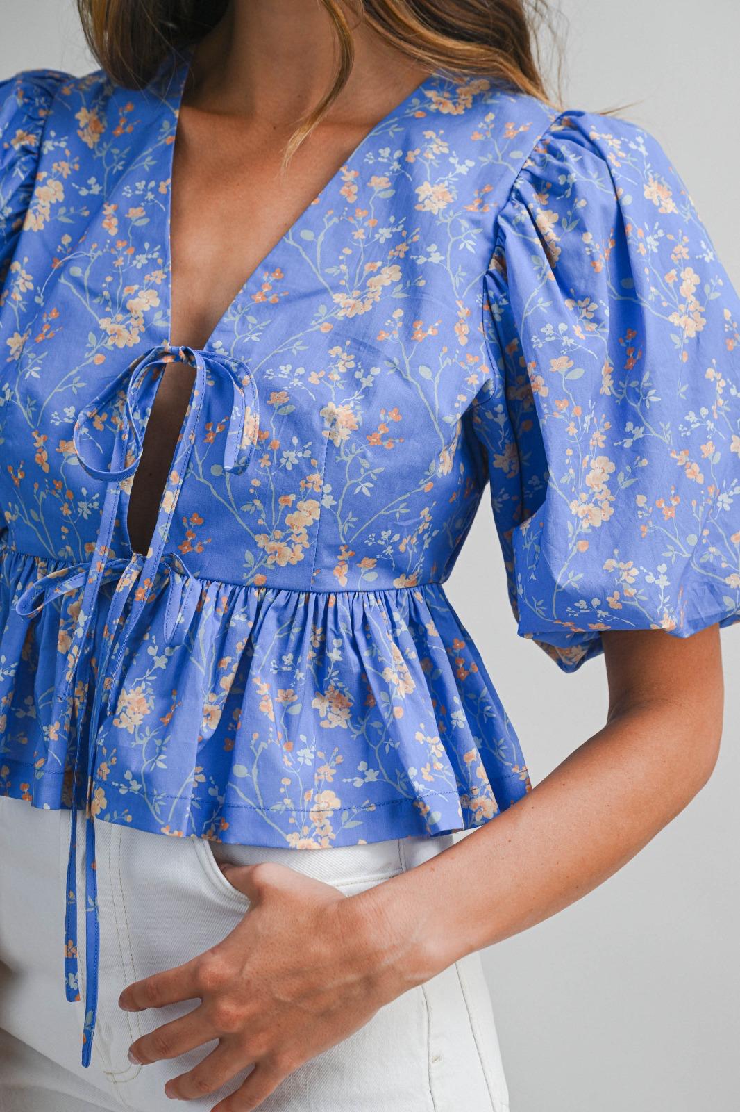 Blue Bloom Tie Front Peplum Top