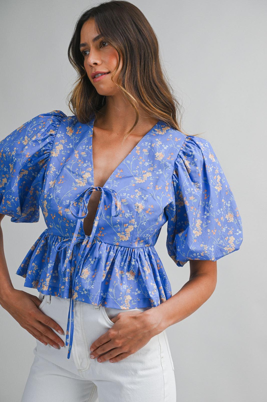 Blue Bloom Tie Front Peplum Top