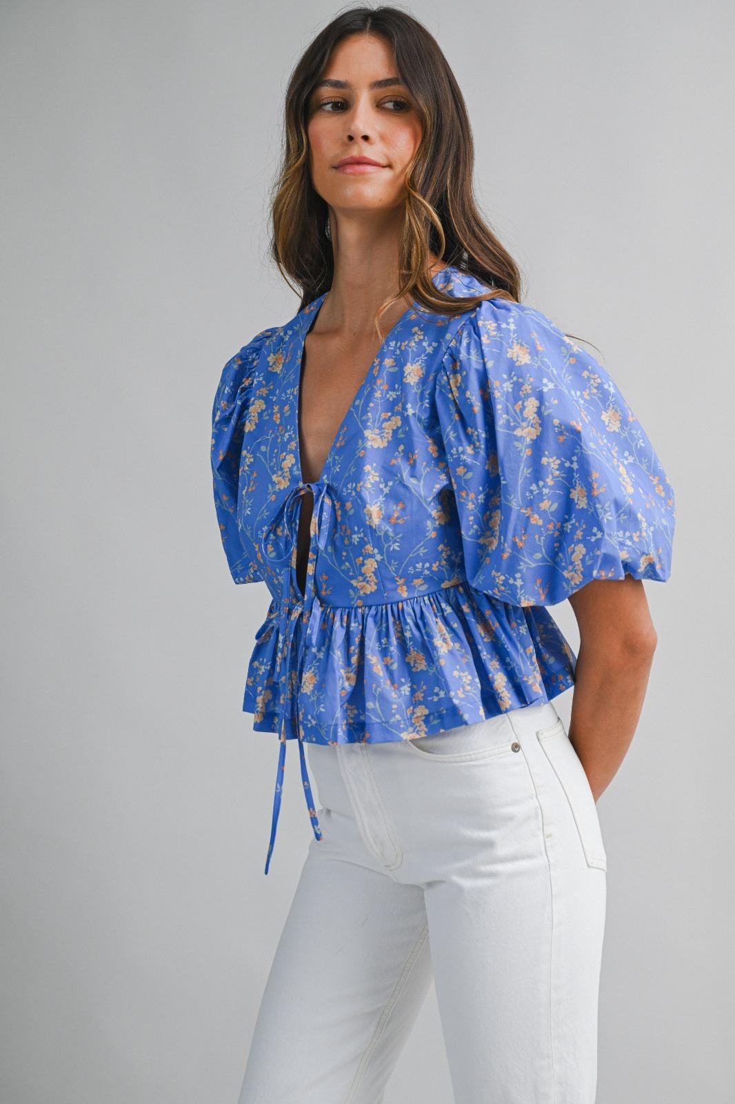 Blue Bloom Tie Front Peplum Top