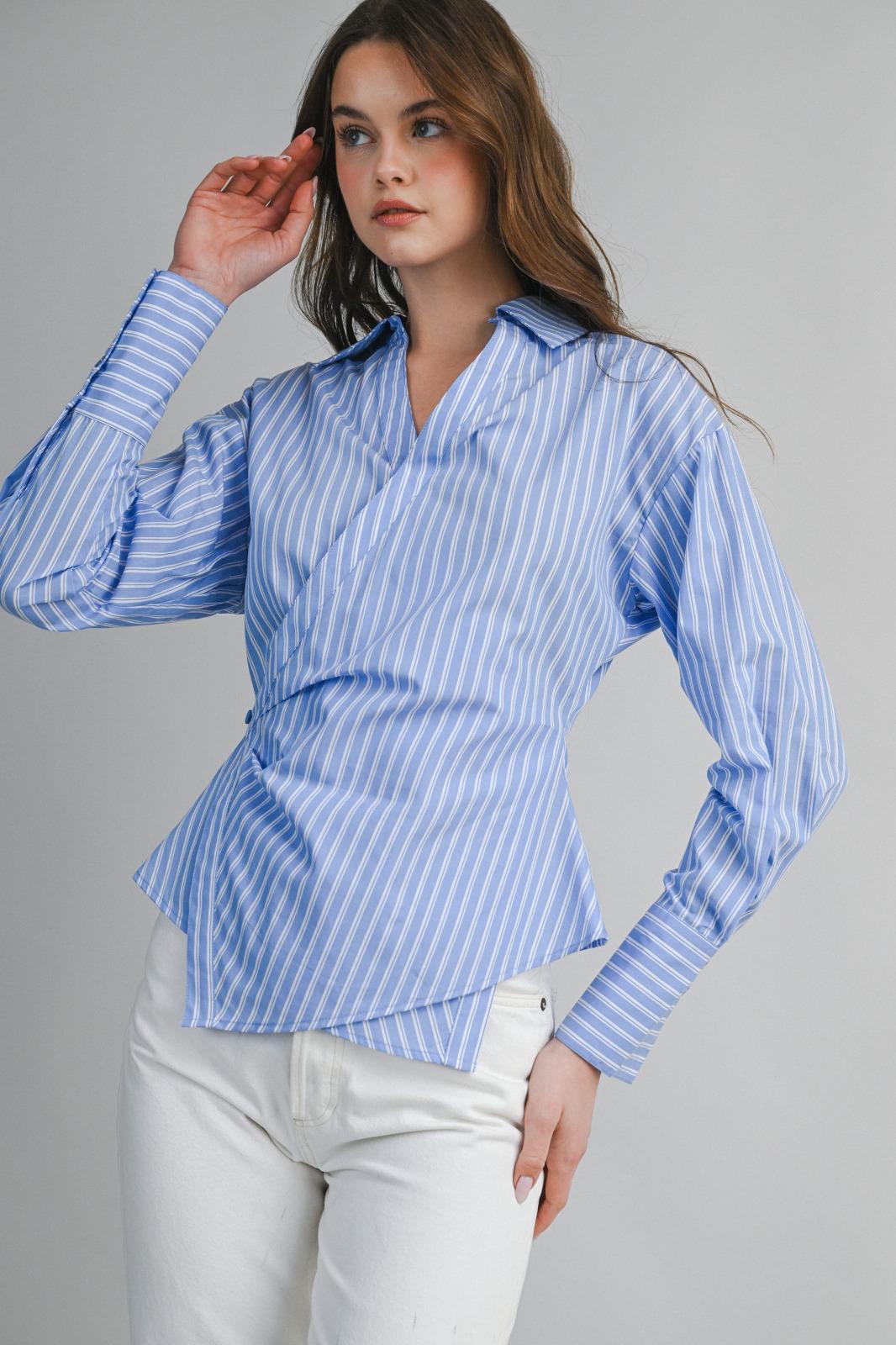Blue Stripe Asymmetric Wrap Blouse