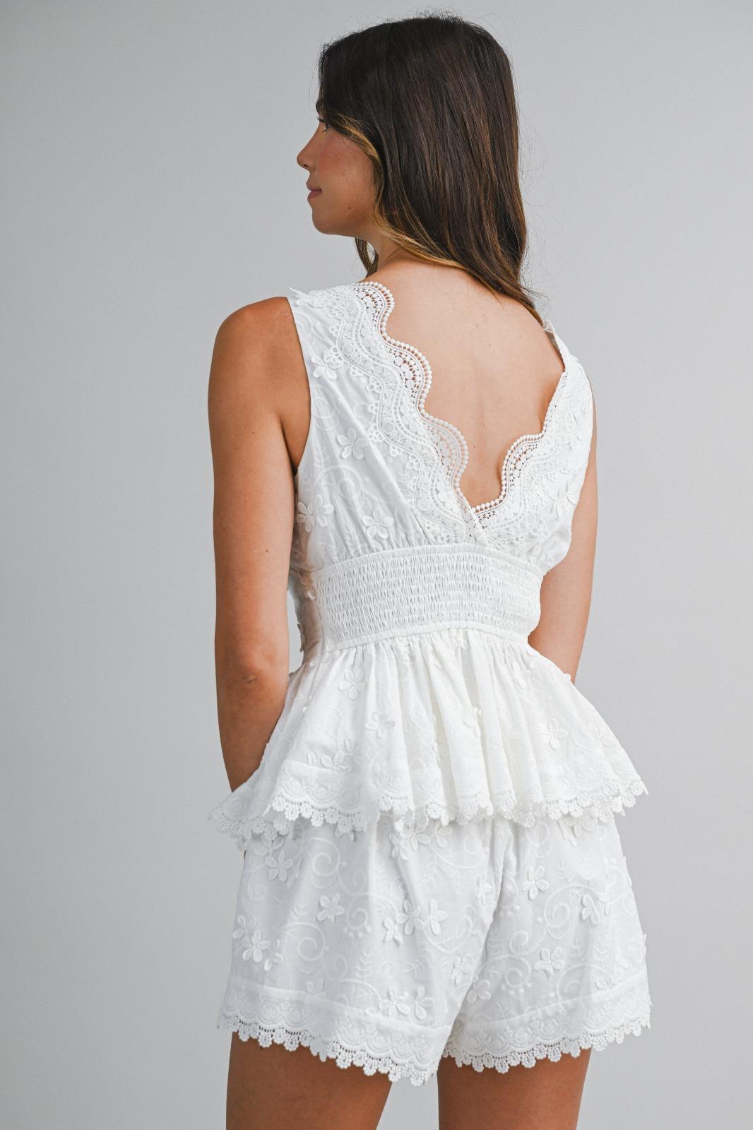 White Floral Embroidery Peplum & Shorts Set