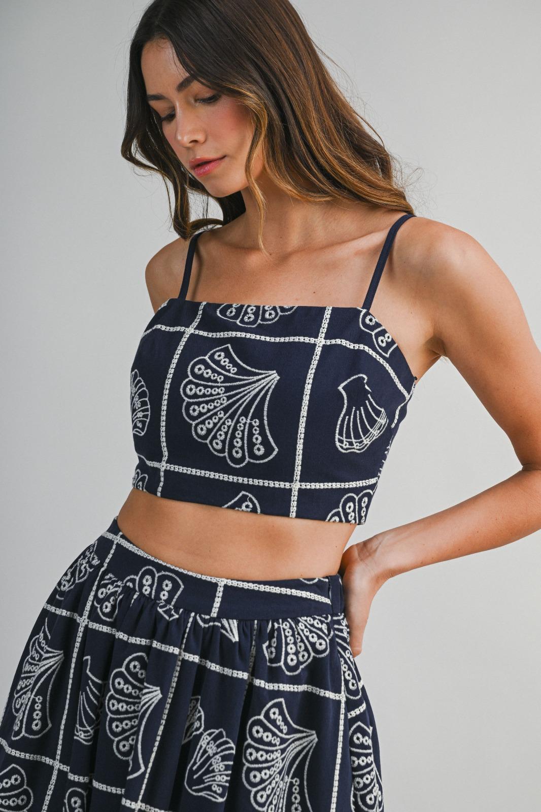 Navy Shell Print Crop & Midi Skirt Set