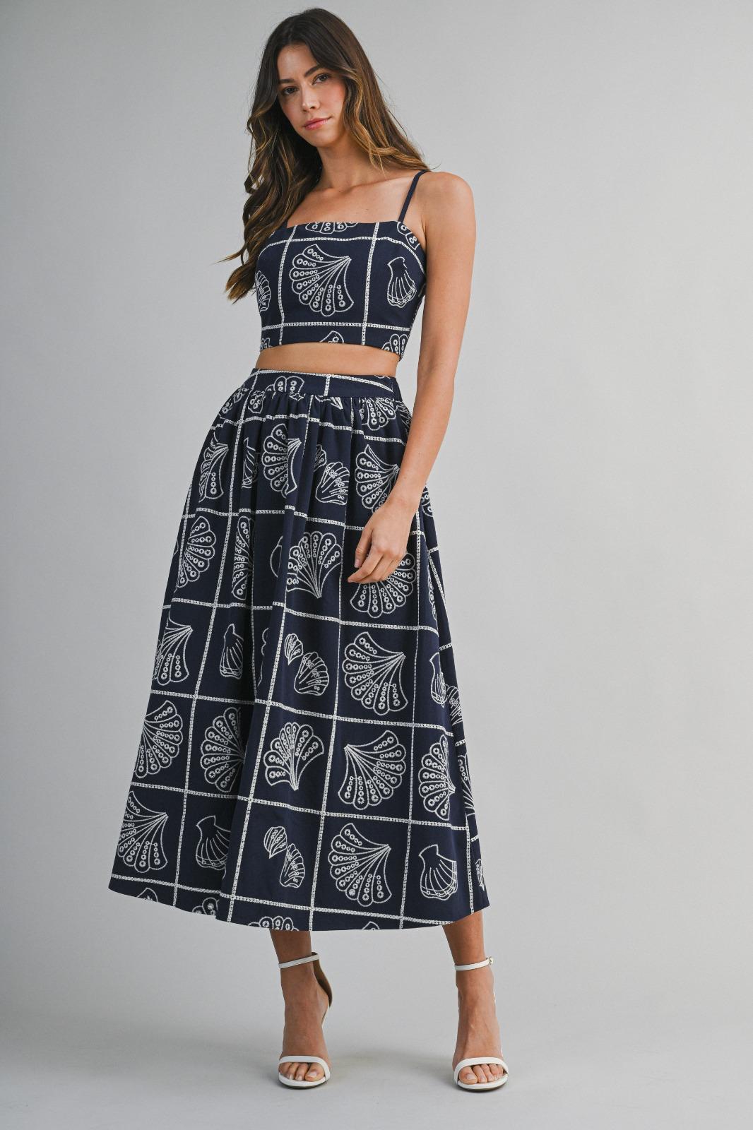Navy Shell Print Crop & Midi Skirt Set