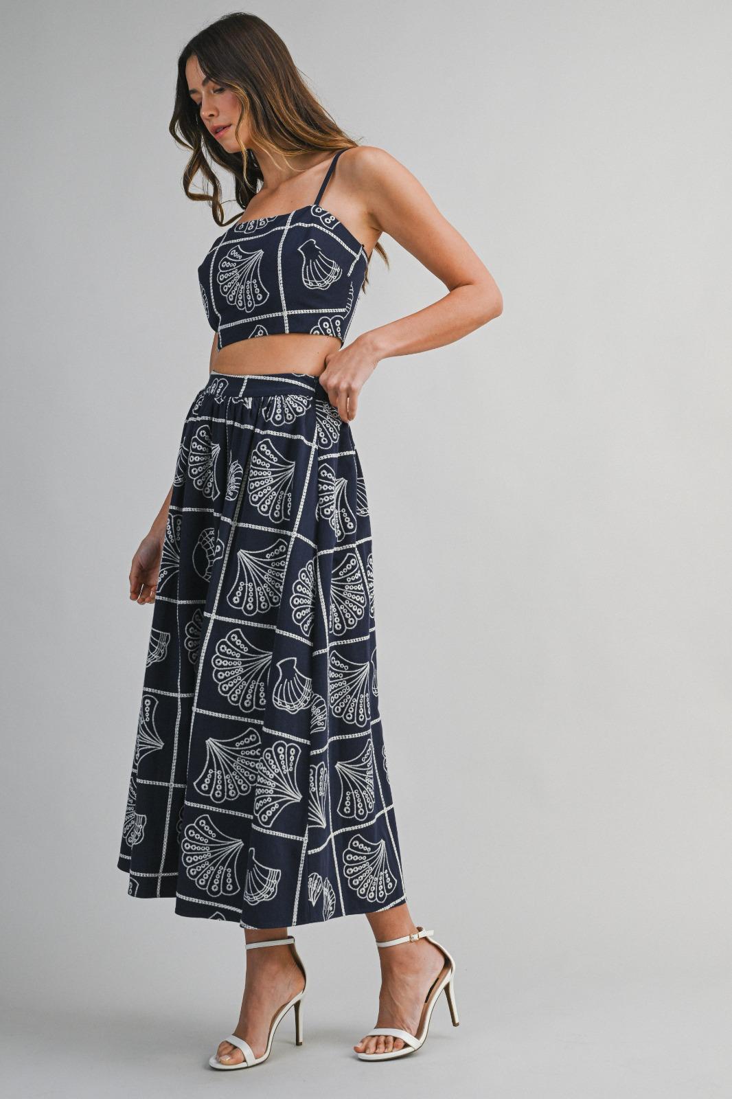 Navy Shell Print Crop & Midi Skirt Set