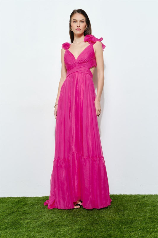 The Fuchsia Ruffle Open Back Gown