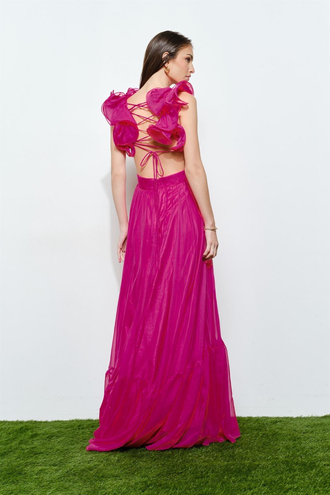 The Fuchsia Ruffle Open Back Gown