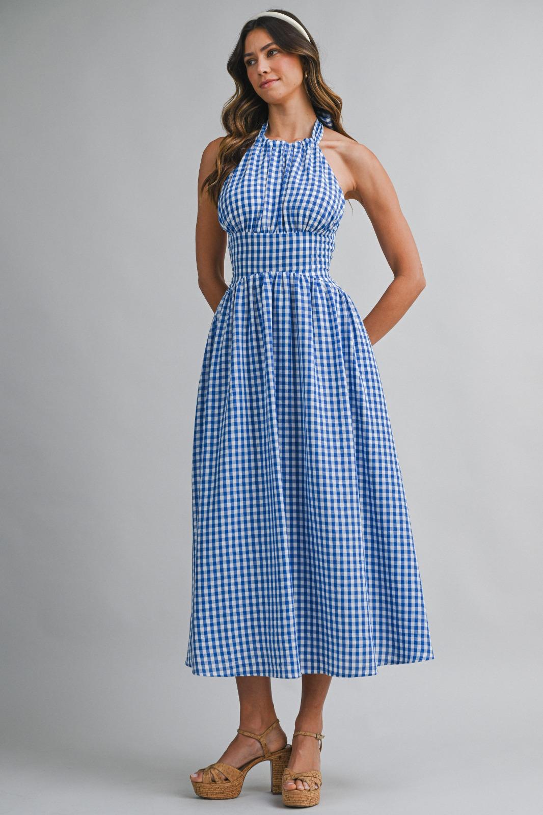 Blue Gingham Halter Midi