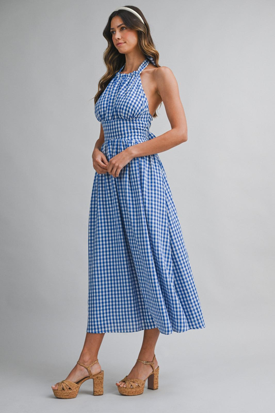 Blue Gingham Halter Midi