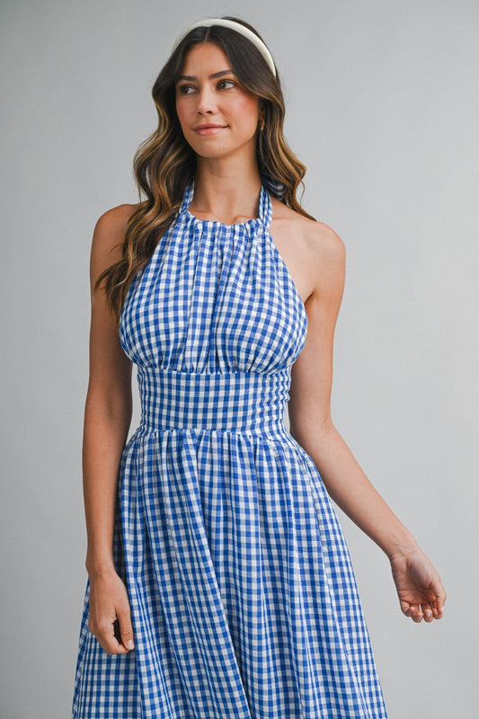 Blue Gingham Halter Midi