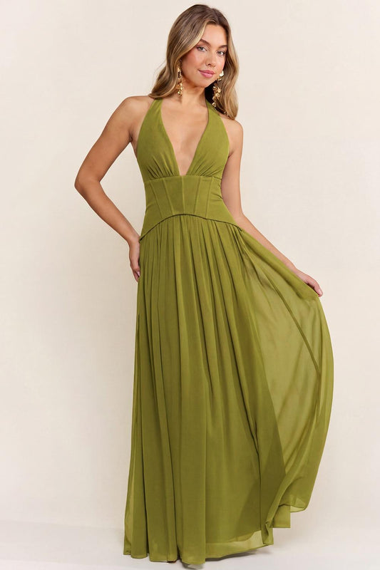 Olive Plunge Halter Gown