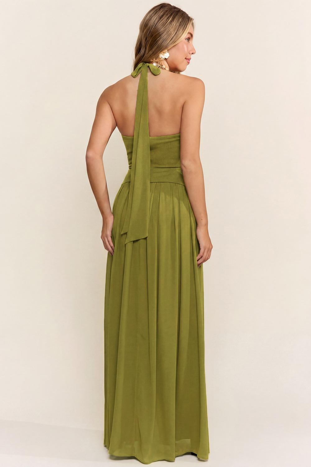 Olive Plunge Halter Gown
