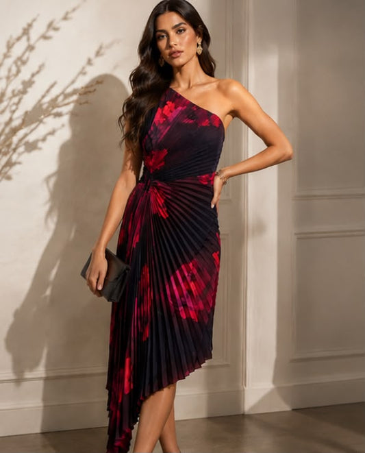 Crimson Bloom Pleated Dress