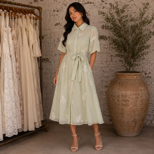 Sage Leaf Embroidered Shirt Dress