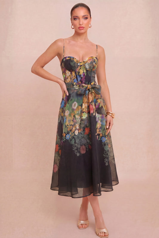 Noir Floral Sash Dress