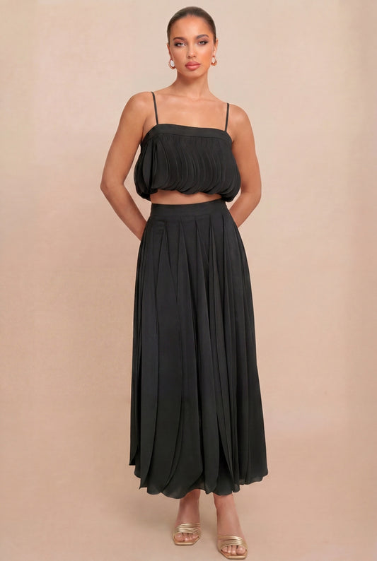 Black Silk Crop & Skirt Set