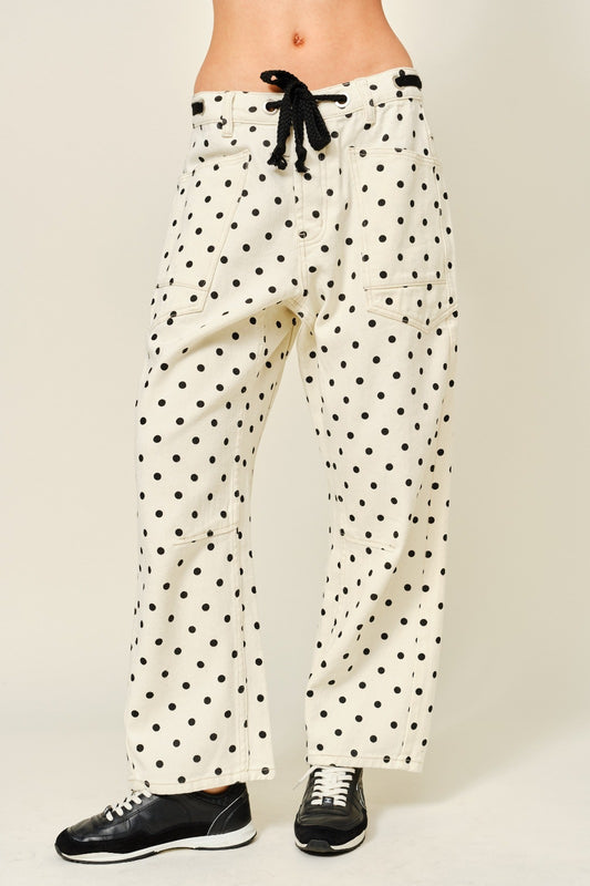 Polka Dot Drawstring Denim Pants