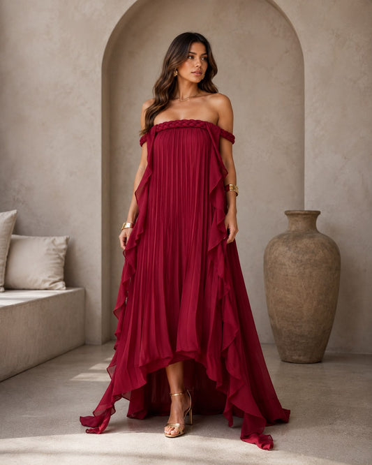 Wine Ruffle Cascade Dress
