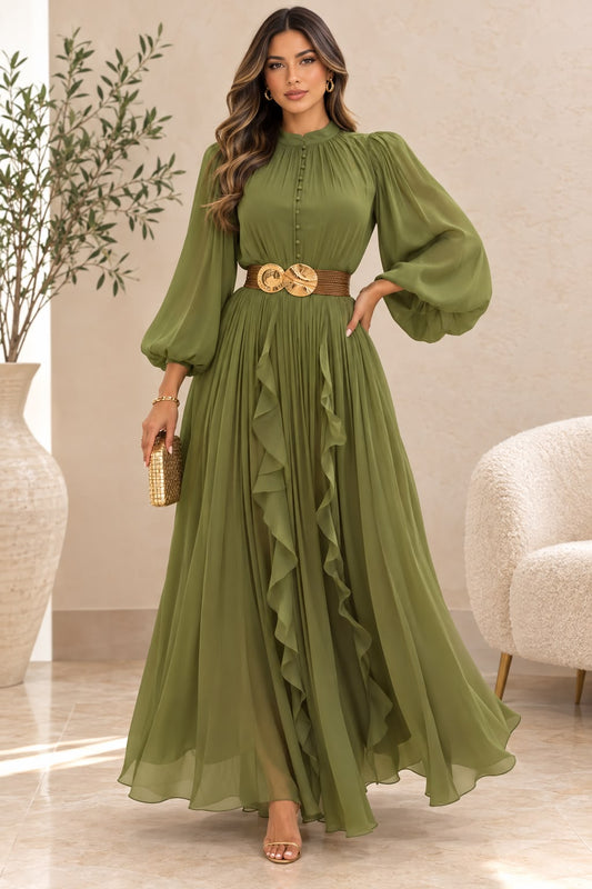 Olive Balloon Sleeve Gown