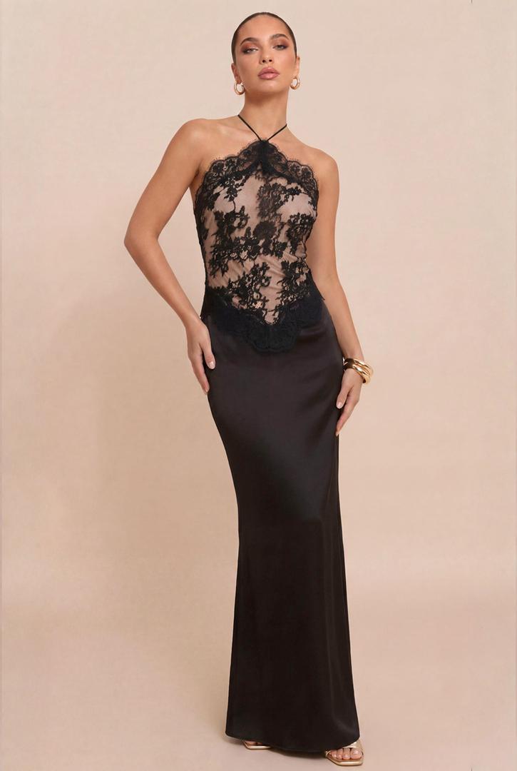 Noir Lace Halter Slip Gown