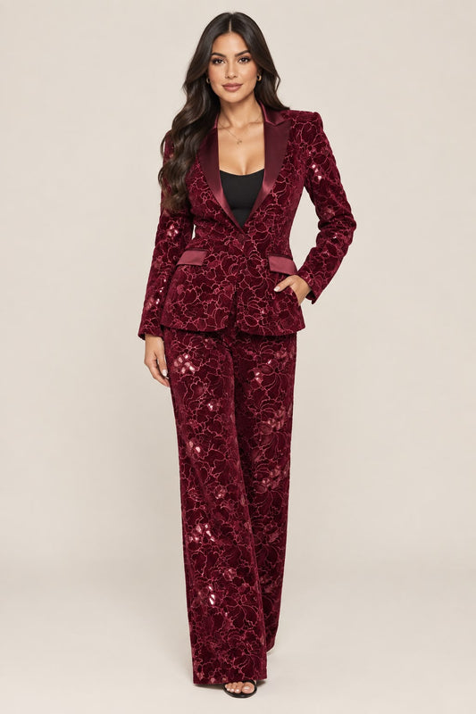 Wine Floral Lace Pantsuit